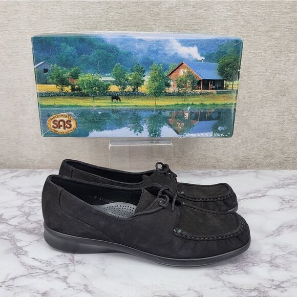 SAS Petra Lace Up Loafer in Black Charcoal Nubuck Leather Women's Size 8.5N - Picture 1 of 10